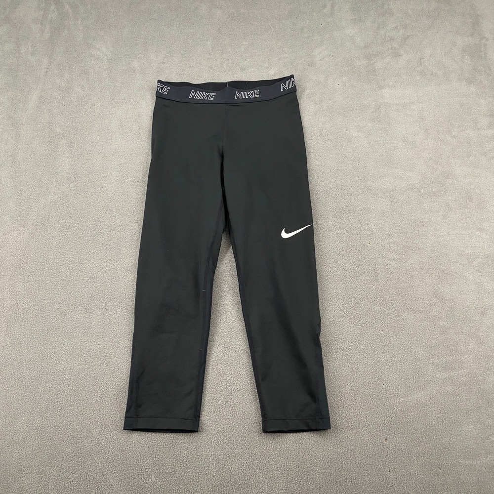 Nike Dri Fit Crop Leggings Womens Small Black Stretch Logo Mid Rise Running Yoga